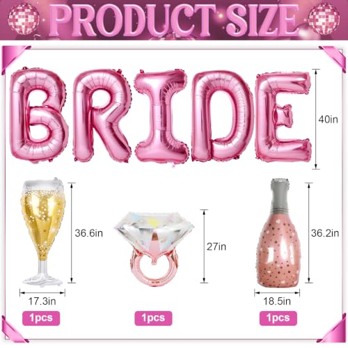 Image of 40inch Bride Balloons Pink Letters Banner, Bachelorette Party Decorations Set with Diamond Ring Champagne Bottle Balloon Glass Foil Balloon for Pink Bachelorette Engagement Wedding Bridal Shower Decor