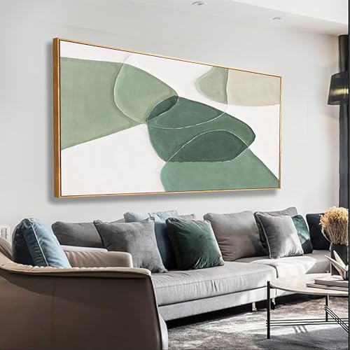 Framed Wall Art Canvas Artwork Green And White Geometric Color Block Line Art Canvas Paintings Wall Decor Modern Home Bedroom Art Office Decor 20"X 40" Framed Ready To Hang