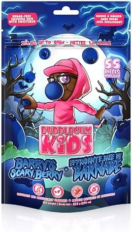 Bubblegum Kids Barry’s Scary Berry Sugar Free Gum | Blueberry Flavor Sugarless Gum with Xylitol | Vegan, Low Calorie Candy Alternative for Kids & Adults | Resealable Bag, 55 Pieces Per Pack, 1 Pack