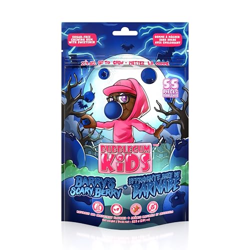 Bubblegum Kids Barry’s Scary Berry Sugar Free Gum | Blueberry Flavor Sugarless Gum with Xylitol | Vegan, Low Calorie Candy Alternative for Kids & Adults | Resealable Bag, 55 Pieces Per Pack, 1 Pack
