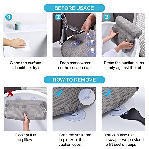 Omystyle Bath Pillows For Tub, Bathtub Pillows With Soft 5D Air Mesh & 5 Large Suction Cups, Quick Dry Spa Bath Pillow For Neck, Head, Shoulder And Back Support - Soft, Non-Slip, Extra Thick | Gray #TOP5