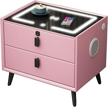 Modern Bedside Table with Wireless Charging Station, Smart Nightstand with Fingerprint Lock and Speaker, Bedroom Side Table, Living Room, Sofa Table,2/3 Storage Drawers.,Pink,2 Floors