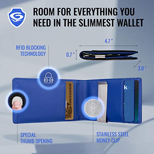 BrandName GILKO Mens Slim Bifold Money Clip Wallet w/Credit Card Holder- RFID Blocking - Leather - Easy Access Slot - Extra Credit Card Bifold - w/Elegant Gift Box. Roei Model - Black/Royal Blue4