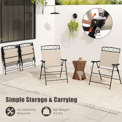 Image of Giantex Set of 4 Patio Folding Chairs, Outdoor Dining Chairs for Camping, Beach, Backyard, Deck, Portable Dining Chair w /Armrest and Metal Frame, Beige