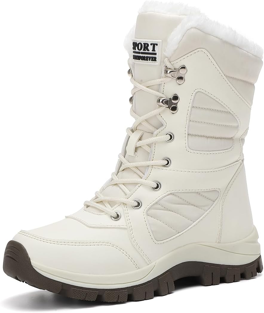 Jakcuz Women Snow Boots High Top Non-slip Waterproof Lace-up Winter Boots with Faux Fur Lined