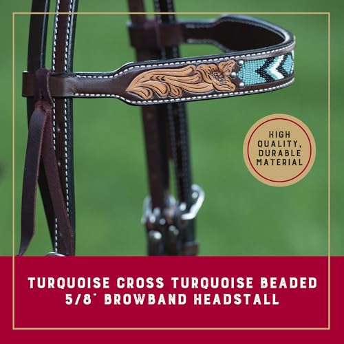 Weaver Equine Turquoise Diamond Beaded Horse Headstall, Leather Headstalls for Horses for Trail Riding, Durable Equine Supplies, Dark Oil by Weaver Equine - Image 2