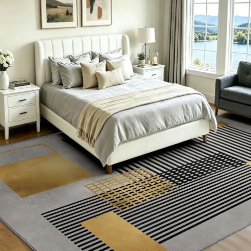 Alfombra clásica de pasillo y salón gris con geometría lineal de 120 x 170 cm 3