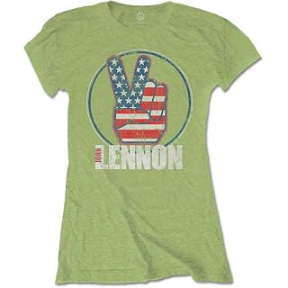 Ladies John Lennon Peace Fingers Us Flag officiel Femmes Dames T-shirt - Les Beatles, Paul McCartney, John Lennon, RIngo Starr, George Harrison