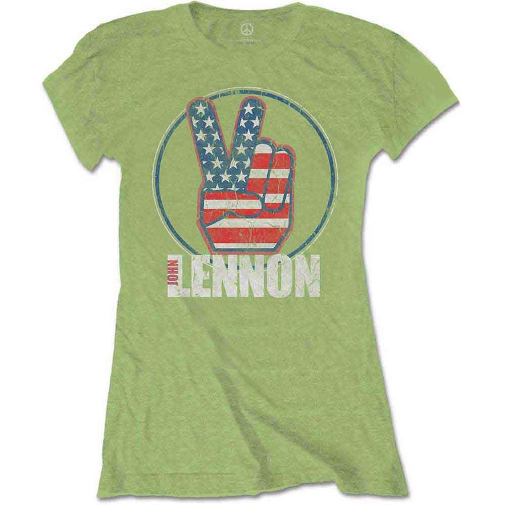 Ladies John Lennon Peace Fingers Us Flag officiel Femmes Dames T-shirt - Les Beatles, Paul McCartney, John Lennon, RIngo Starr, George Harrison Ladies John Lennon Peace Fingers Us Flag officiel Femmes Dames T-shirt