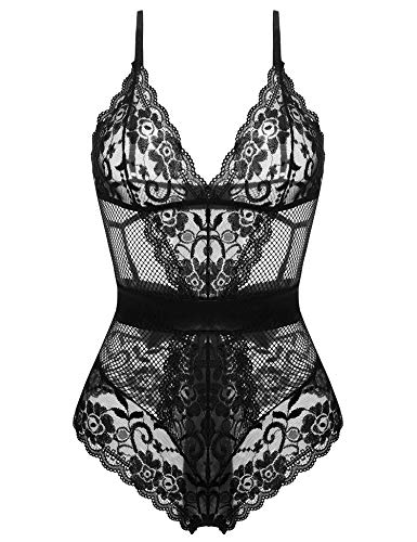 Women Lingerie Bodysuit One Piece Lace Cups Halter Teddy Mesh Babydoll Black 2XL