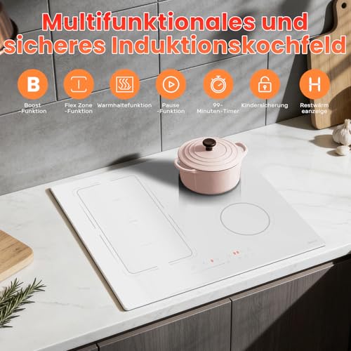 Induktionskochfeld 60 cm, 4 Platten Einbau Kochfeld induktion Autark Induktionsherd mit Stecker Induktionsfeld mit Flexzone 9 Leistungsstufen, 3400W, Timer