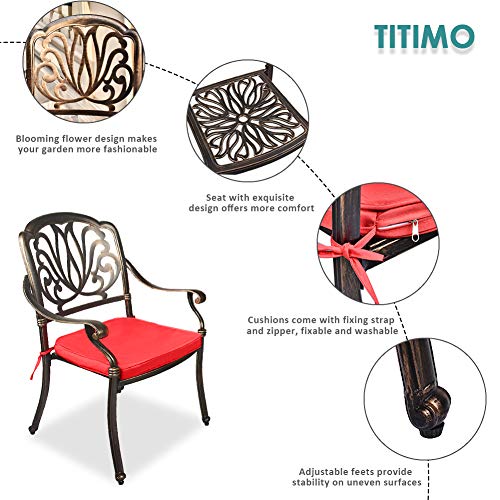 Titimo 3 Piece Outdoor Furniture Dining Set, All-Weather Cast Aluminum Conversation Set Includes 1 Round Table And 2 Chairs With Red Cushions And Umbrella Hole For Patio Garden #TOP3