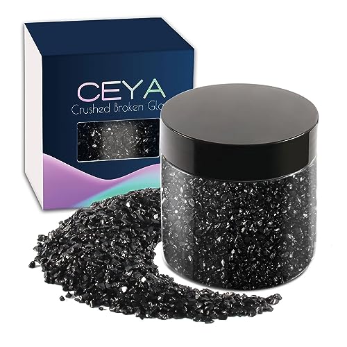 Ceya 10.6oz/ 300g Crushed Irregular Glass Black Metallic Crystal Chips Broken Glass Glitter 2-4mm Craft Chunky Glitter for Nail Art Epoxy Resin Mold Coasters Ornament Painting Geode Phone Case Jewelry