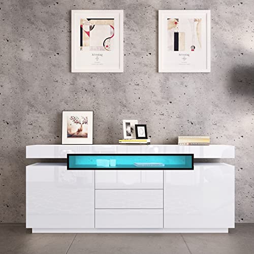 Sideboard Modern Living Room Cupboard Unit High Gloss Cabinet 2 Doors 3 Drawers Buffet TV Stand Unit with Led Light for Living Room Kitchen White 160x35x72cm