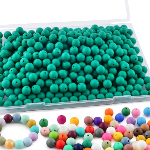 Sunrony 240Pcs 12mm Silicone Beads for Keychain Making, Round Silicone Beads for Pens and Necklace Bracelet Crafts Making(Deep Green)