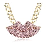 Wellotus Women's Statement Crystal Lip Necklace Lovely Alloy Lip Costume Necklace Chunky Chain Choker Necklace Lip Shape Cocktail Jewelry (Pink Color)