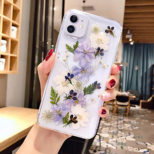 Abbery for iPhone 11 Phone Case Floral Cute Clear with Pressed Dry Real Flower Design Soft TPU Flexible Rubber Women Girls Blue White Flowers Shockproof Protective Case for iPhone 11 (Navy Flower) by Abbery - Image 3