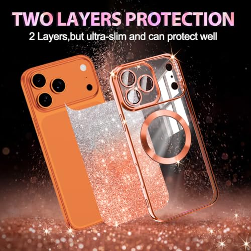 Casetego for iPhone 17 Pro Case,Compatible with MagSafe,Clear Magnetic Glitter Sparkle Luxury Plated Soft TPU Bumper Full Camera Lens Protector for Apple iPhone 17 Pro,Orange by Casetego - Used condition - Image 2