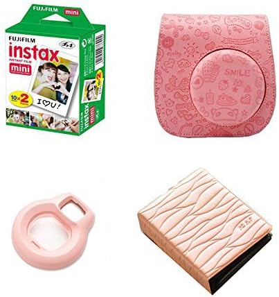 Fujifilm Polaroid Bundle Set 20 sheets Instax Films / Leaf Pattern Photo Album / Pink Cartoon Instax Mini 8 Case / Pink Fujifilm Close-Up Lens for Fuji Instax Mini 8