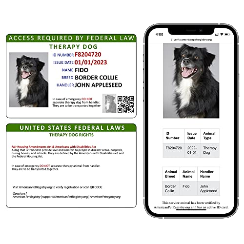 American Pet Registry Custom Therapy Dog ID Card + Registration to Therapy Dog Registry Included | NFC & QR Code