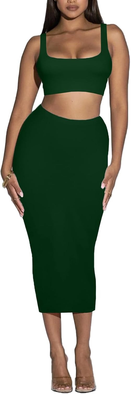 Women's Two Piece Skirt Set - Summer Casual Midi Long Bodycon Pencil Skirts and Crop Tank Tops Club Rave Outfits