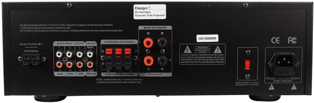 Rear view of the Technical Pro RX55URIBT receiver, showing various audio input and output ports, speaker terminals, and power input.
