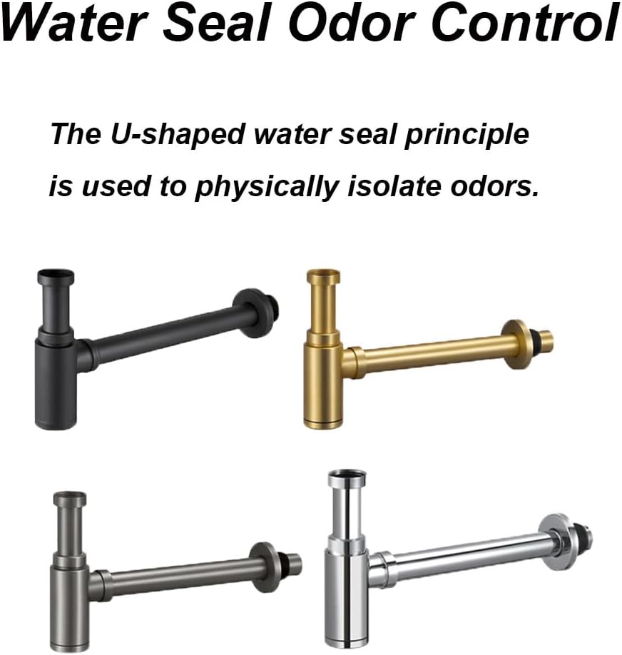 304 Stainless Steel Bathroom Sink Stopper P-Trap, Odorless Wall Drain with G1-1/4 Interface (Gunmetal Gray)