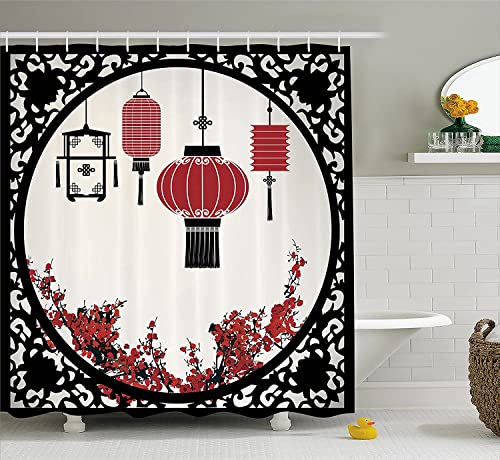 Bcnew Asian Chinese Style Shower Curtain Abstract Oriental Lanterns Window Red Plum Blossoms Flower Nature Cherry Blossom Floral Happy New Year Bathroom Curtain With Hooks 70X70 Inches #TOP4