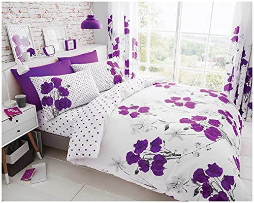 GC GAVENO CAVAILIA Reversible Polka Dot Bedding Sets Double, Flowers Duvet Quilt Cover Breathable Comforter Covers, Aubergine