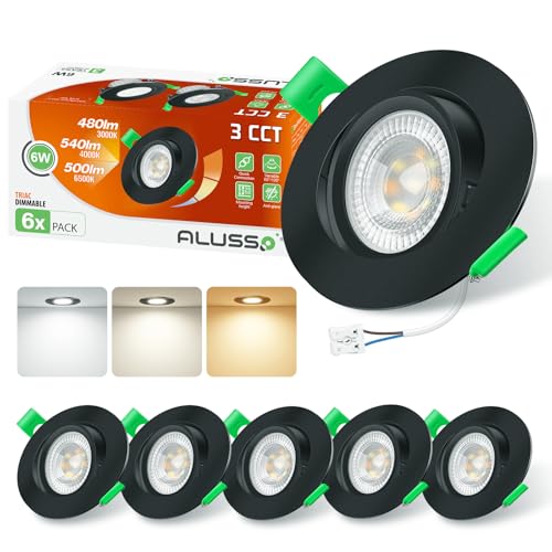 Image of ALUSSO LED Recessed Ceiling Lights 230V 6W 540lm, Downlight for Ceiling, Dimmable 3CCT Warm White 3000K Neutral White 4000K Cool White 6500K, Swivel Spotlights for Bathroom, Ø75mm Black 6Pack