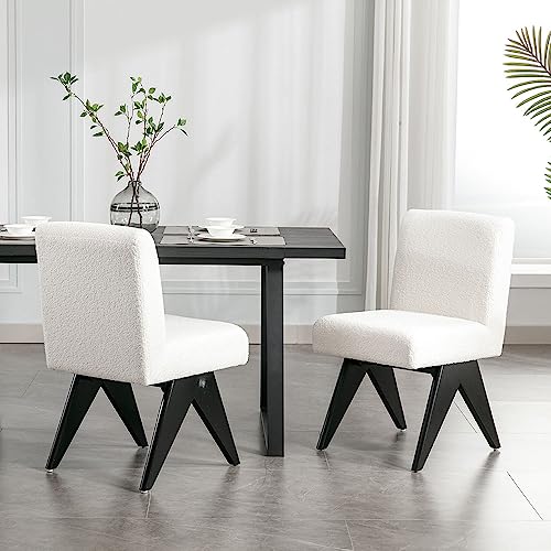 Wahson Set Of 2 Faux Sherpa Upholstered Mid Century Modern Dining Chair, Armless Modern Fabric Dining Kitchen Chair With Black Wooden Legs, White #TOP24