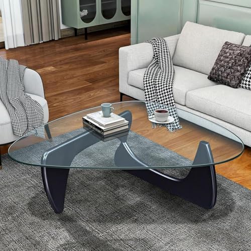 Noguchi Mesa de Centro Triangular de Cristal, Mesa de Centro Moderna de Mediados de Siglo, Mesa de Centro Triangular de Madera de Cristal Negro para Sala de Estar, pequeña Mesa de Centro Ovalada