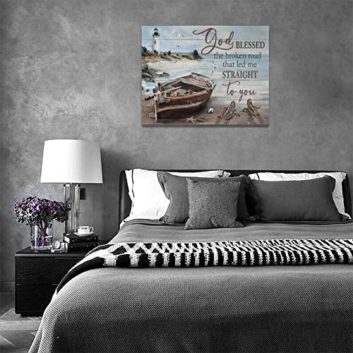 Coastal Nautical Bathroom Wall Art Sea Turtle Boat Wall Decor Beach Lighthouse Seagull Pictures Canvas Prints Framed Modern God Blessed Painting Artwork For Bedroom Kitchen Living Room Office 16"X12" #TOP5