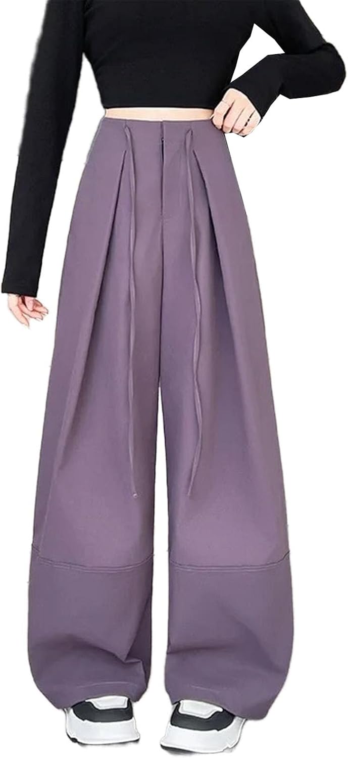 Women's Grey Lazy Bent Knife Pants High Waist Loose Casual Trousers Wide Leg Pants Spring Autumn