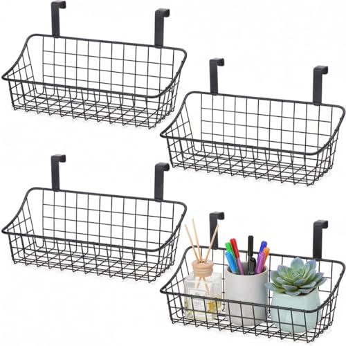 LeleCAT Cabinet Door Organizer Basket with hook Grid Storage Basket, Hang it behind a door or on a railing,BLack,4 Pack