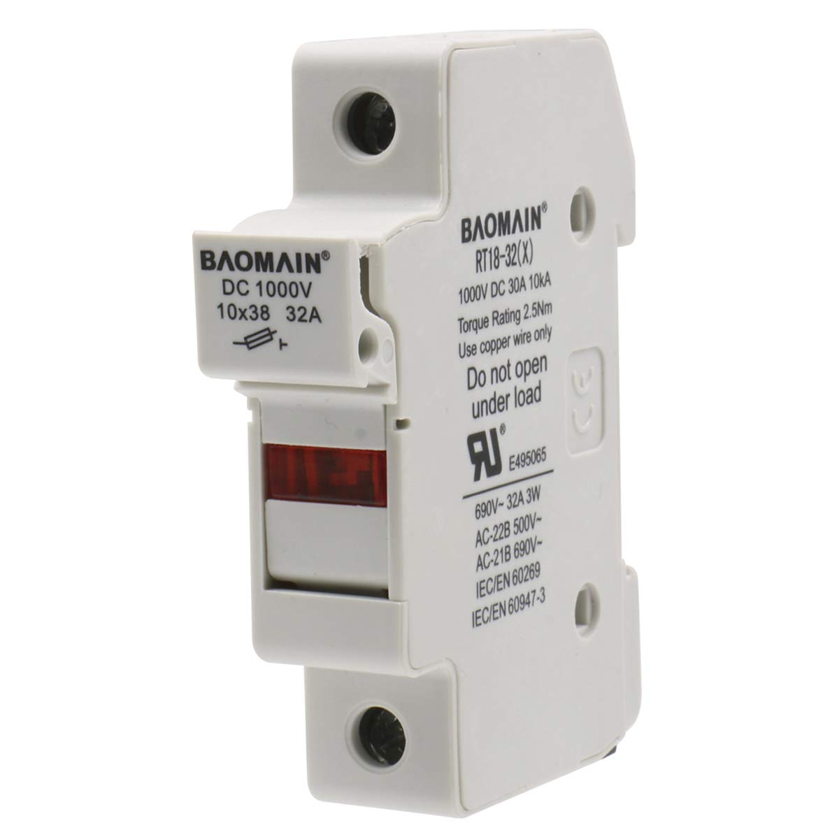 BAOMAIN 5-Pack 1P Solar PV DIN Rail Fuse Holder for 10x38mm,UL Recognized | RT18-32(X) 30A/1000VDC,32A/690VAC Single Pole Fuse Base.with LED Indicator Light.18-8 AWG.For 10x38mm Cylindrical Fuses