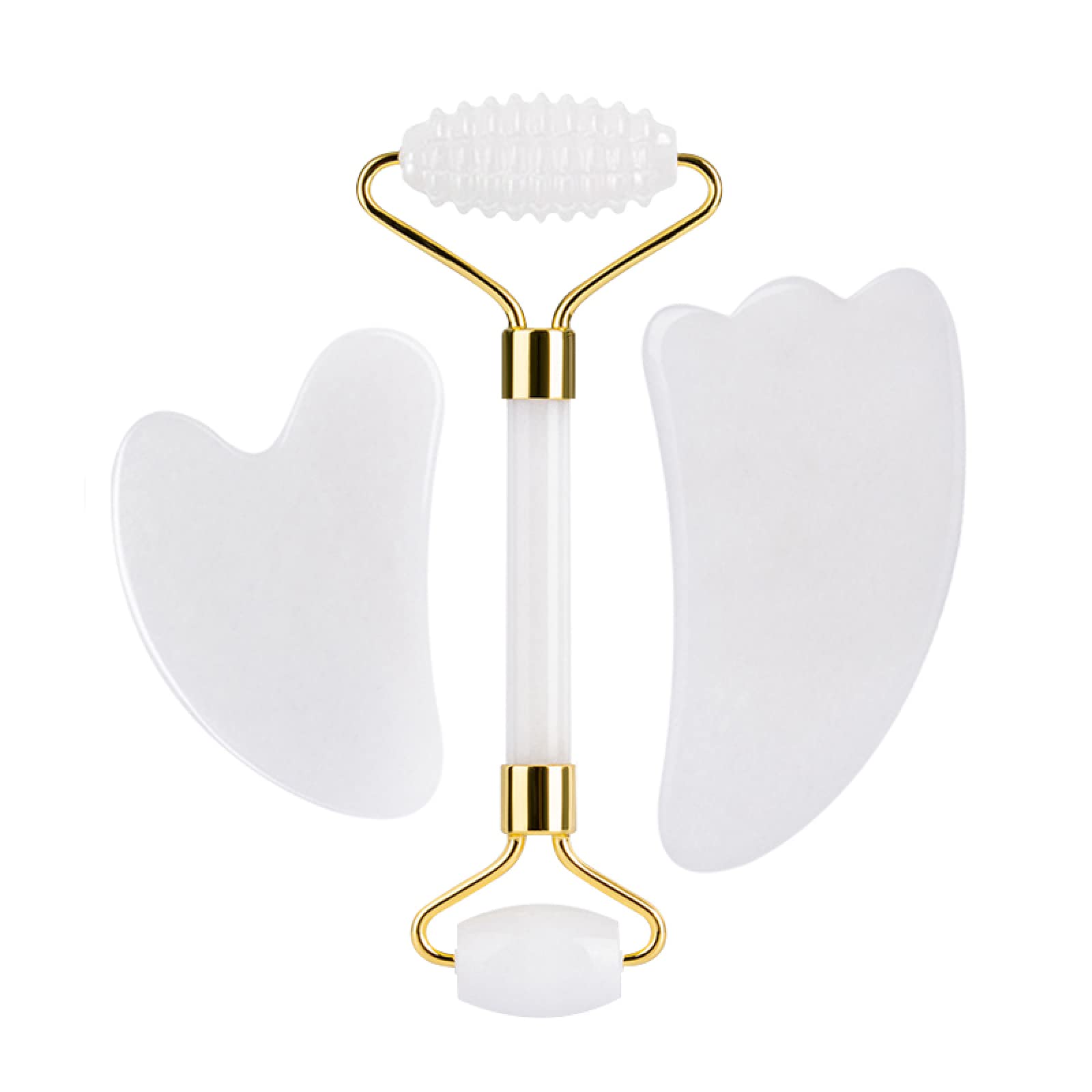 Natural White Jade Roller Gouache GuaSha Board Set Massager Gua Sha Massage Tool Stone Face Roller,3pcs Type C1