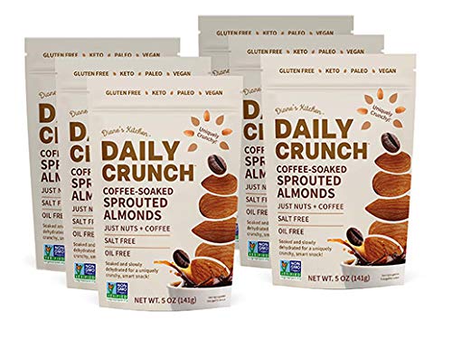 Coffee-Soaked Sprouted Almonds – Daily Crunch – Keto, Vegan, Paleo, Non-GMO, Oil-Free, Salt Free – Soaked, Sprouted & Dehydrated -- Salt Free – 5 oz (6 pack)