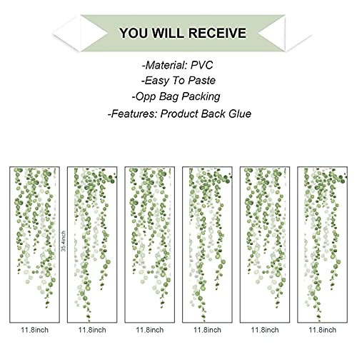 6 Sheet Hanging String Of Pearls Vine Leaves Wall Stickers, Kalyloc Waterproof Green Plants Leaves Wall Decals, Peel And Stick Hanging Vine Wall Art For Bedroom Kitchen Classroom Decorations #TOP5
