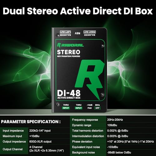 Direct Box with Dual 1/4” High-Impedance Stereo Inputs Di Boxes Support For Guitar/Bass Instruments Premium Direct Injection Active Di Box For Thru & XLR Outputs