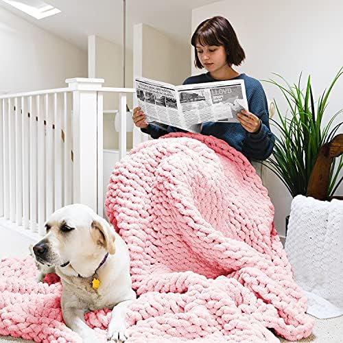 ERLYEEN Chunky Knit Blanket Handmade Chenille Blanket Warm Soft Cozy for Bed Chair Sofa Best Gift Light Pink 47"x60"