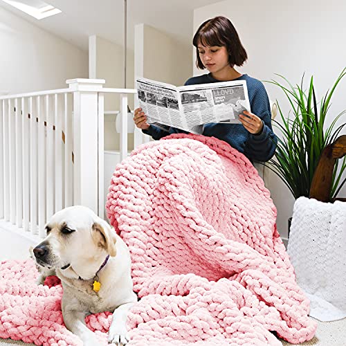 Erlyeen Chunky Knit Blanket Handmade Chenille Blanket Warm Soft Cozy For Bed Chair Sofa Best Gift Light Pink 47"X60" #TOP2