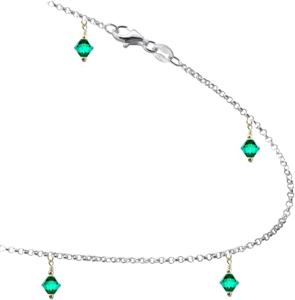 JOSCO Green Color Crystals with .925 Sterling Silver Link Anklet, Bracelet. 7,8,9,10,11,12,13 Inches