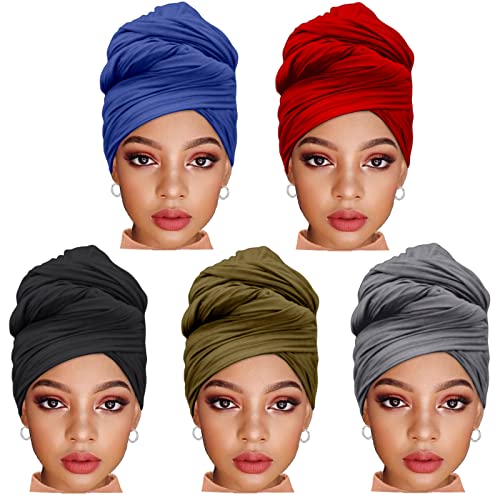 ZRQ 5 Pieces Knit Headscarf African Hair Scarf Jersey Turban Tie Headwraps Extra Long Soft Lightweight Comfortable for Black Women (Black,Bright Burgundy,Army Green,Denim Blue,Dark Gre)