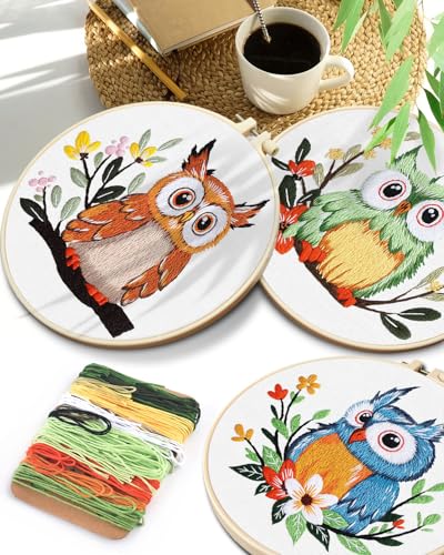 Image of TINDTOP Embroidery Kit for Adults, Owl Embroidery Practice Kit | for Adult Beginners Include Embroidery Cloth Hoops Threads for Craft Lover Hand Stitch with Embroidery Skill Techniques
