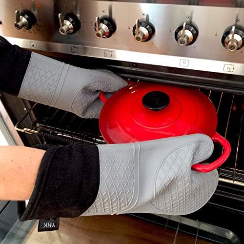 YHK Oven Gloves | Heavy Duty Waterproof & Heat Resistant Silicone Mitts with Cotton Liner | No More Burning your Hands | For Kitchen Cooking, Grilling & Baking | Black