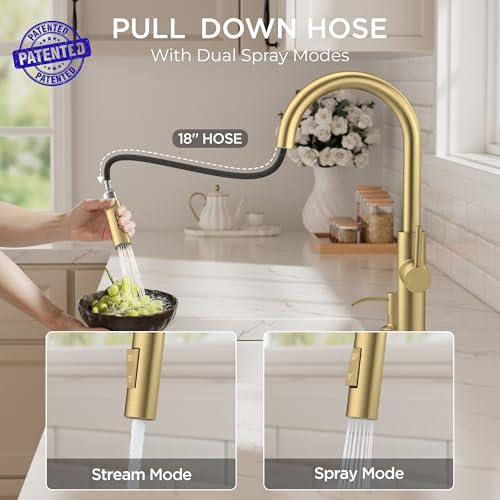 FORIOUS Kitchen Faucet with Soap Dispenser, Modern Brushed Gold, Single Handle High Arc Stainless Steel Kitchen Sink Faucet with Pull Down Sprayer, 1 or 3 Hole Deck Mount for RV, Laundry, Outdoor by FORIOUS - Image 2