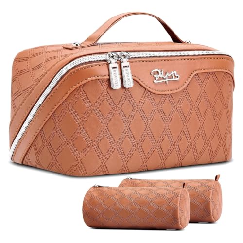 BOYATU Travel Makeup Bag Organizer: 3 Pcs Cosmetic Bag Set for Women Brown