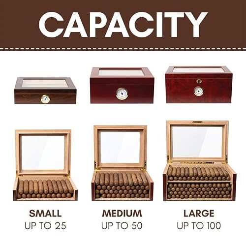 Mantello Cigars Large Glass-top Cigar Humidor Humidifier Box for Up to 100 Cigars with Hygrometer and Removable Cedar Tray - Thumbnail 5