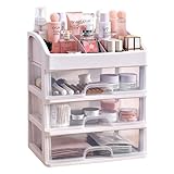 𝐌𝐚𝐤𝐞𝐮𝐩 𝐎𝐫𝐠𝐚𝐧𝐢𝐳𝐞𝐫 for vanity, 𝐀𝐬𝐬𝐞𝐦𝐛𝐥𝐞-𝐅𝐫𝐞𝐞 Clear 3 Tiers Drawers Countertop Storage Box, Small Cute Brushes, and Skincare Cosmetic Display Case Holder for Desk White (White)